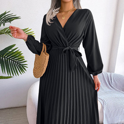 Damen Wickelkleid Faltenrock Langer Arm Norvielle