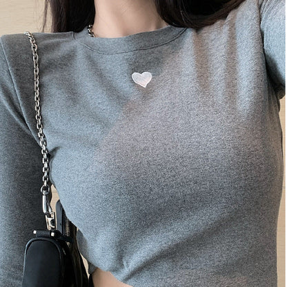 Damen Basic-T-Shirt Langarm Herz-Detail Weiß