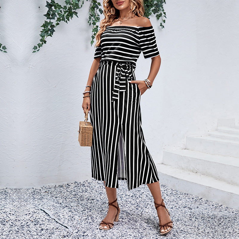 Damen Off-Shoulder Maxikleid Gestreift Norvielle
