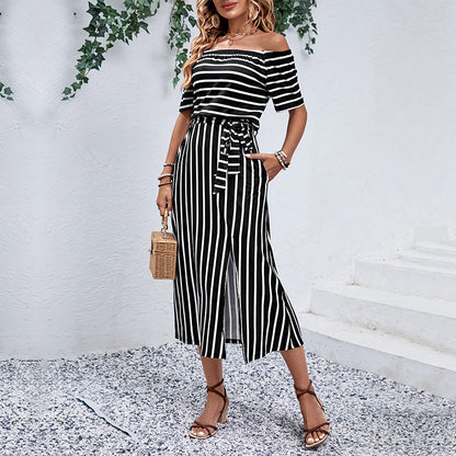 Damen Off-Shoulder Maxikleid Gestreift Norvielle