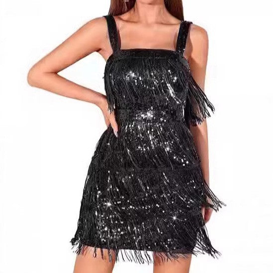 Damen Cocktailkleid mit Paillettenbesatz und Fransen
