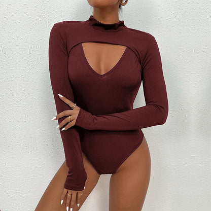 Damen Langarmbody Cut-Out Design Hochgeschlossen