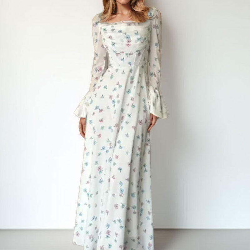 Damen Maxikleid mit Blumenapplikationen und Volumenärmeln Norvielle