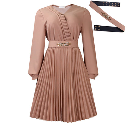 Damen Kleid Plissee V-Ausschnitt mit Taillengürtel Elegant