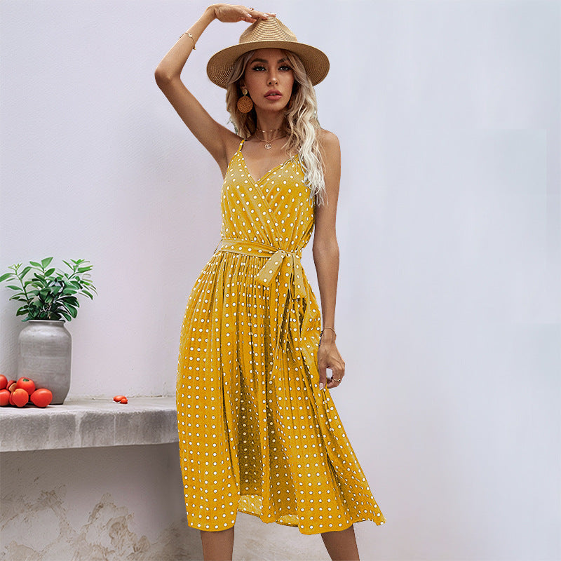 Damen Midikleid mit Gürtel Polka Dot Muster