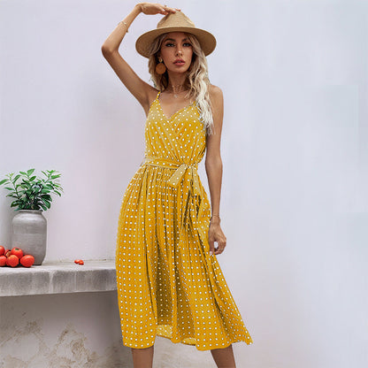 Damen Midikleid mit Gürtel Polka Dot Muster