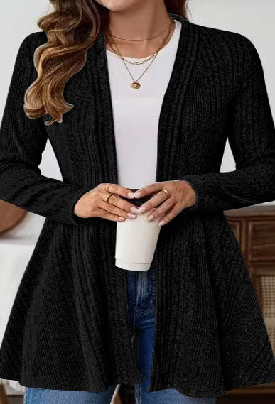 Damen Strickjacke Lang Rippmuster Tailliert Beige