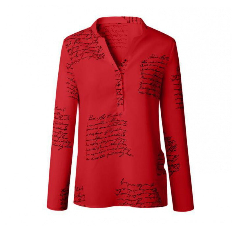 Damen Bluse Stehkragen Kunst-Schriftmuster Norvielle
