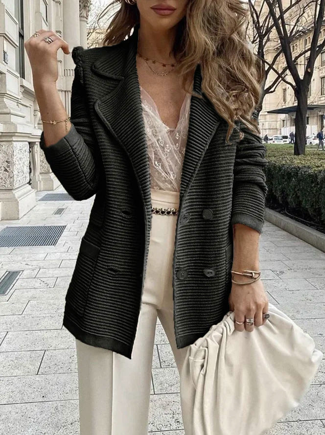 Damen Strickblazer Doppelknopfleiste Strukturiert Anthrazit