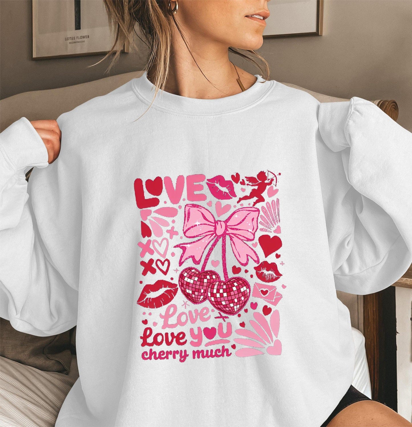 Damen Sweatshirt Voluminöse Ärmel Kirschmotiv Grün