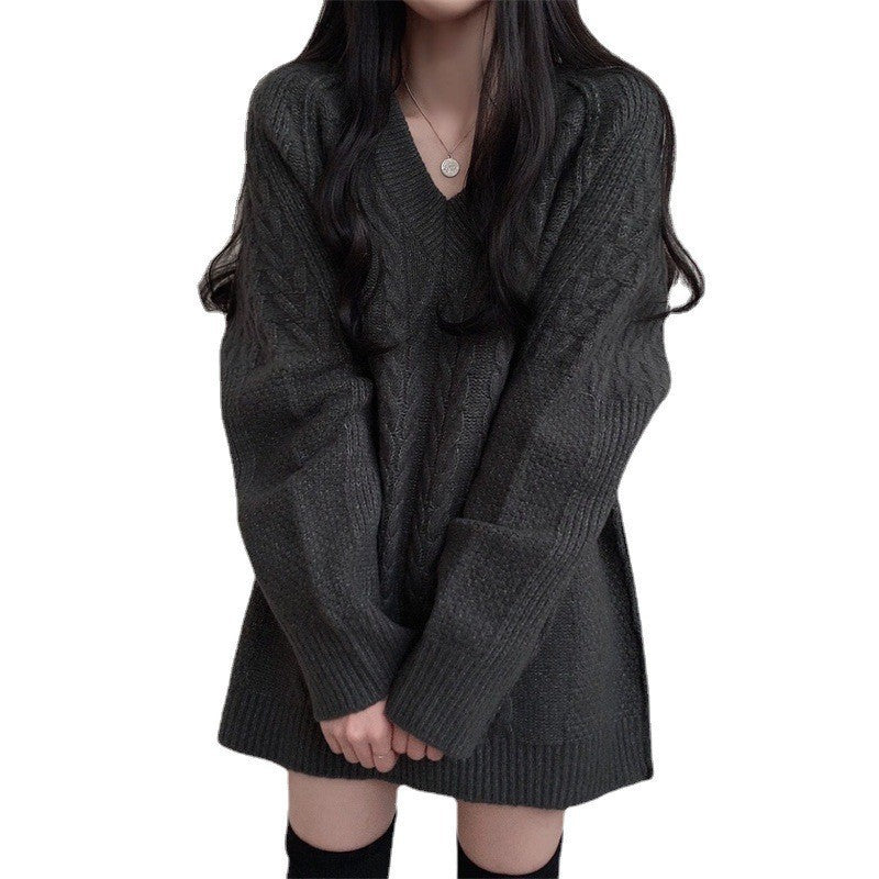 Damen Oversized Strickpullover V-Ausschnitt Zopfmuster Norvielle