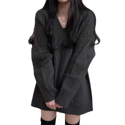 Damen Oversized Strickpullover V-Ausschnitt Zopfmuster Norvielle