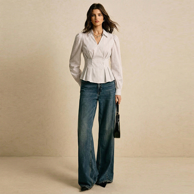 Damen Bluse Tailliert Vertikale Streifen