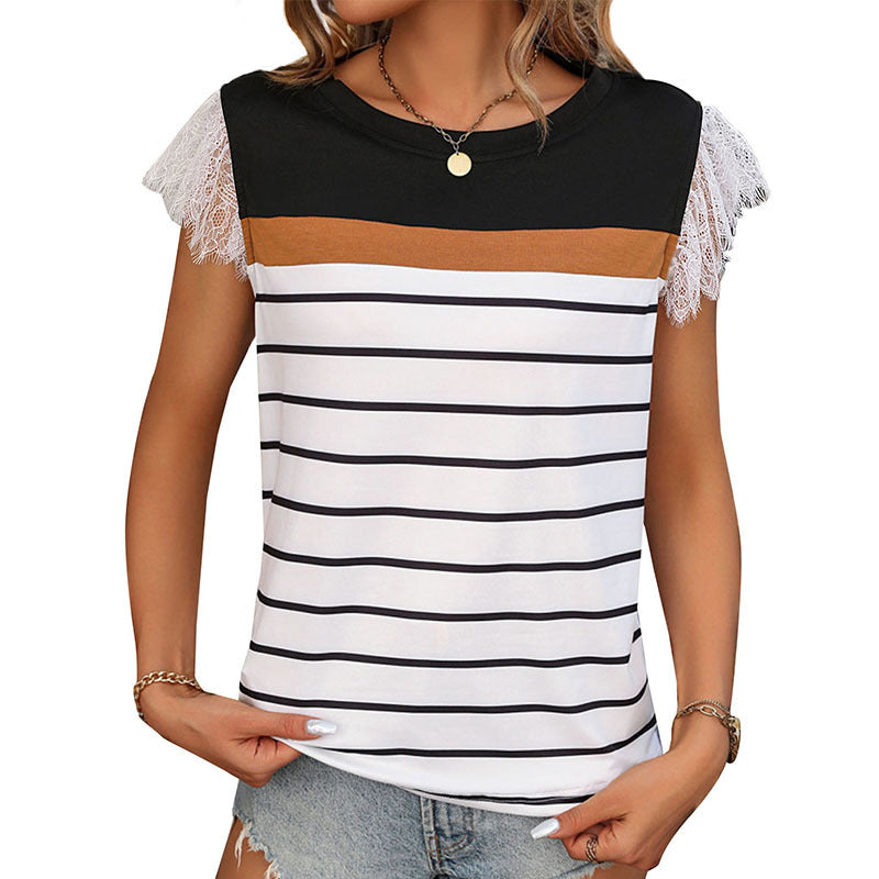 Damen T-Shirt Spitzenärmel Gestreift Norvielle