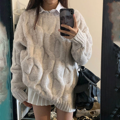 Damen Grobstrickpullover Strukturiertes Zopfmuster Lässig Beige - Norvielle