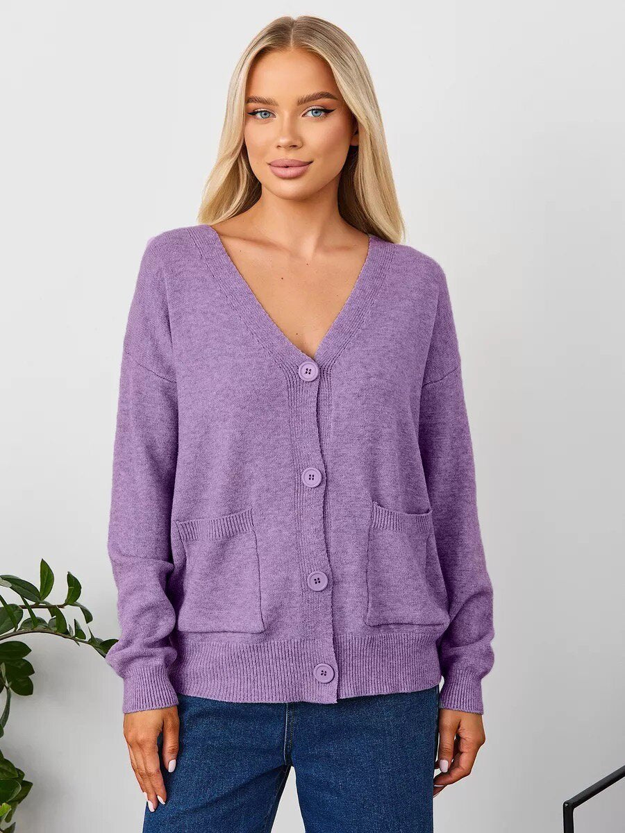 Damen Cardigan Grobstrick V-Ausschnitt Taschen Beige