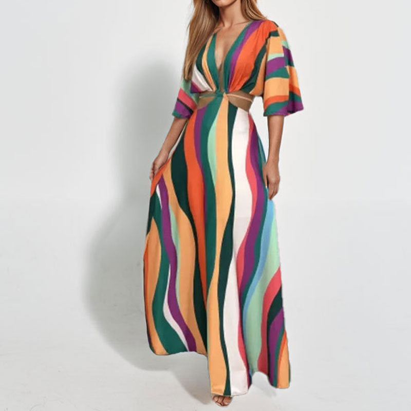 Damen Maxi-Kleid V-Ausschnitt Wellenmuster Norvielle