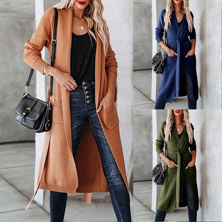 Damen Wickelcardigan Grobstrick Modern mit Taschen Beige - Norvielle