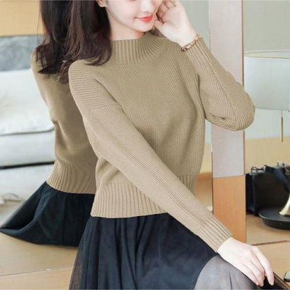 Damen Strickpullover Hochkragen Rippendetails Beige