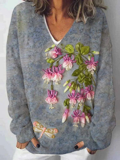 Damen Pullover V-Ausschnitt Floralmuster Lässig Norvielle
