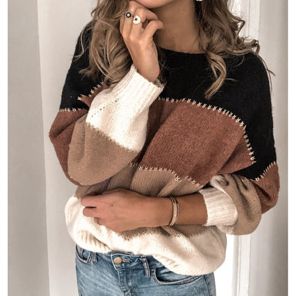 Damen Strickpullover Modernes Farbblock Muster Lässiger Schnitt