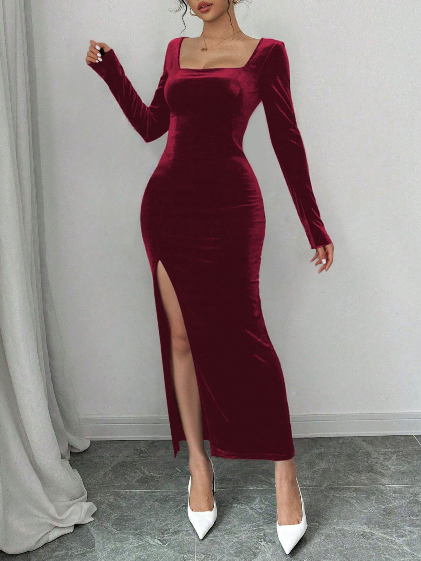 Damen Samt Maxikleid V-Ausschnitt Elegant