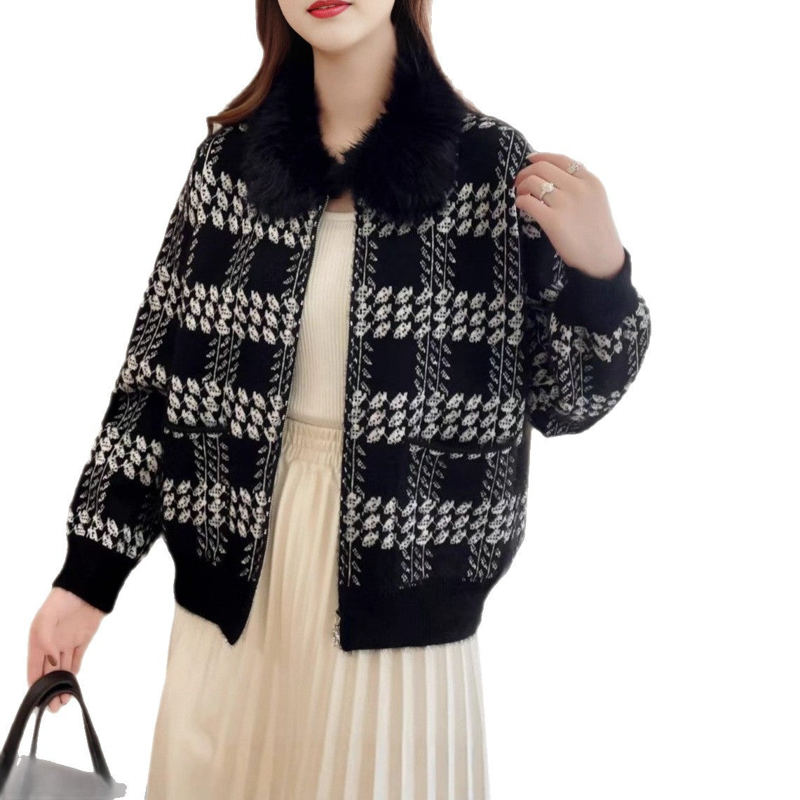 Damen Strickjacke Kunstfellkragen Norvielle
