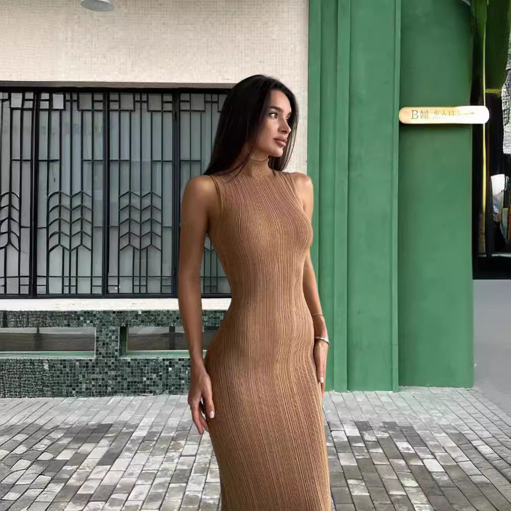 Damen Maxikleid Hohler Kragen Rippmuster Elegant