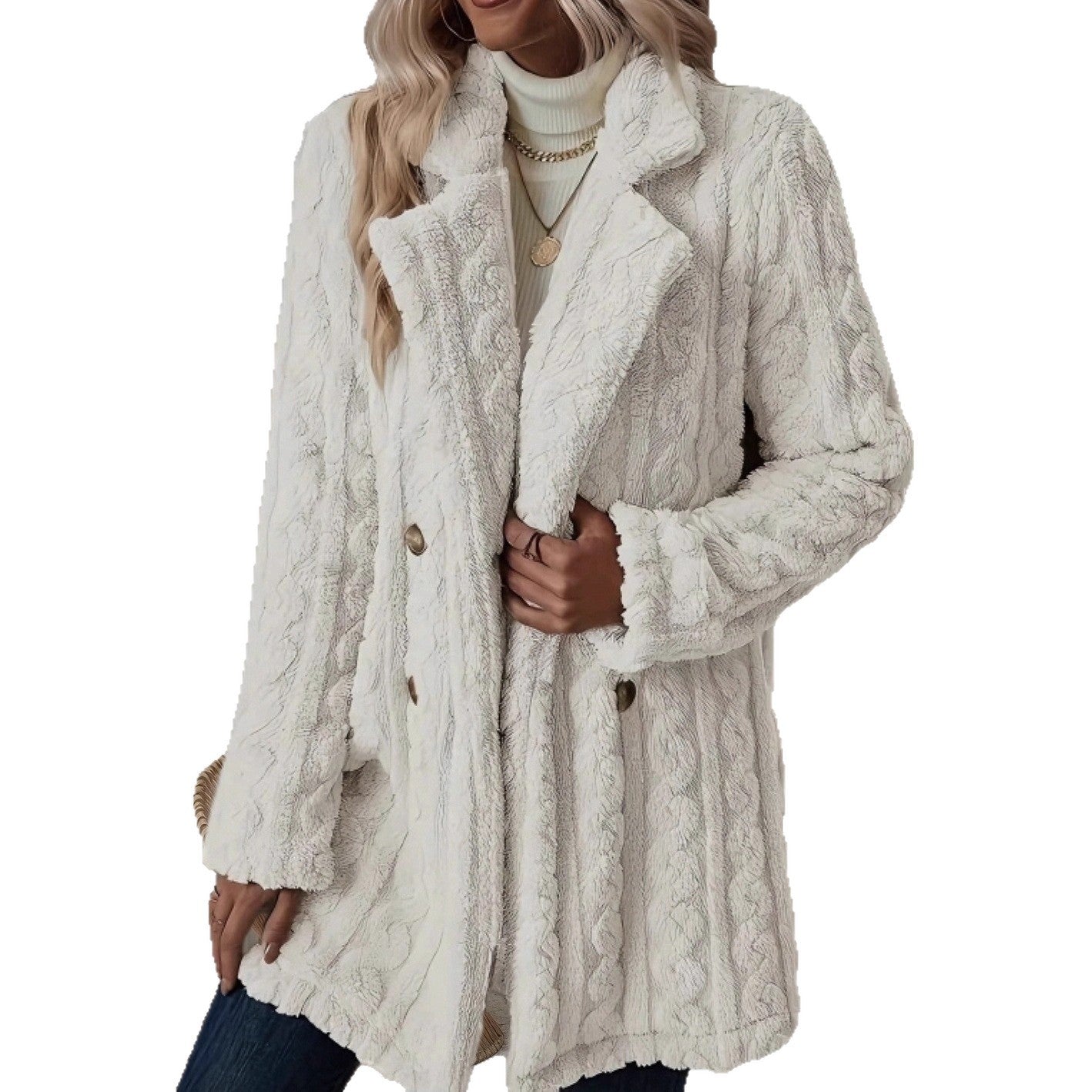 Damen Strickmantel Elegant Knöpfe Beige