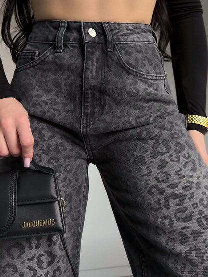 Damen Hochtaillierte Jeans Leopardenmuster Weites Bein