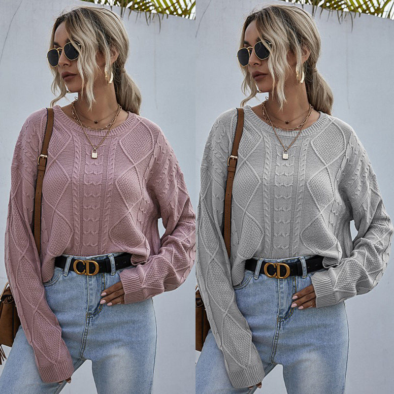 Damen Pullover Strukturiertes Zopfmuster Weich Grau