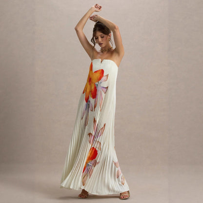 Damen Plisseekleid Trägerlos Floralmuster Norvielle