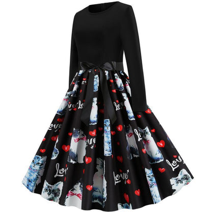 Damen Swingkleid Katzenmotiv Gürtel Elegant Norvielle