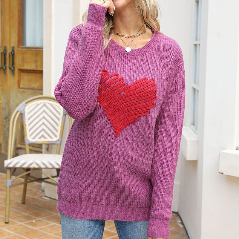 Damen Strickpullover Herz-Applikation Norvielle