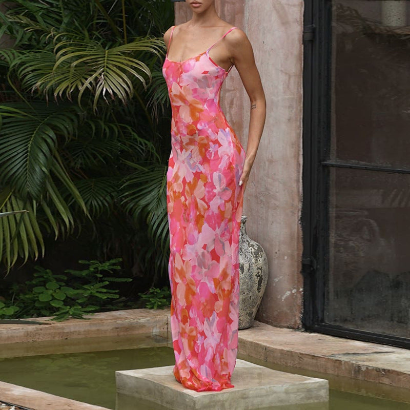 Damen Maxikleid Floral Norvielle mit Spaghettiträgern und fließendem