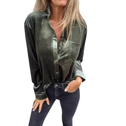 Damen Samtbluse Elegante Brusttasche Moderner Schnitt Norvielle
