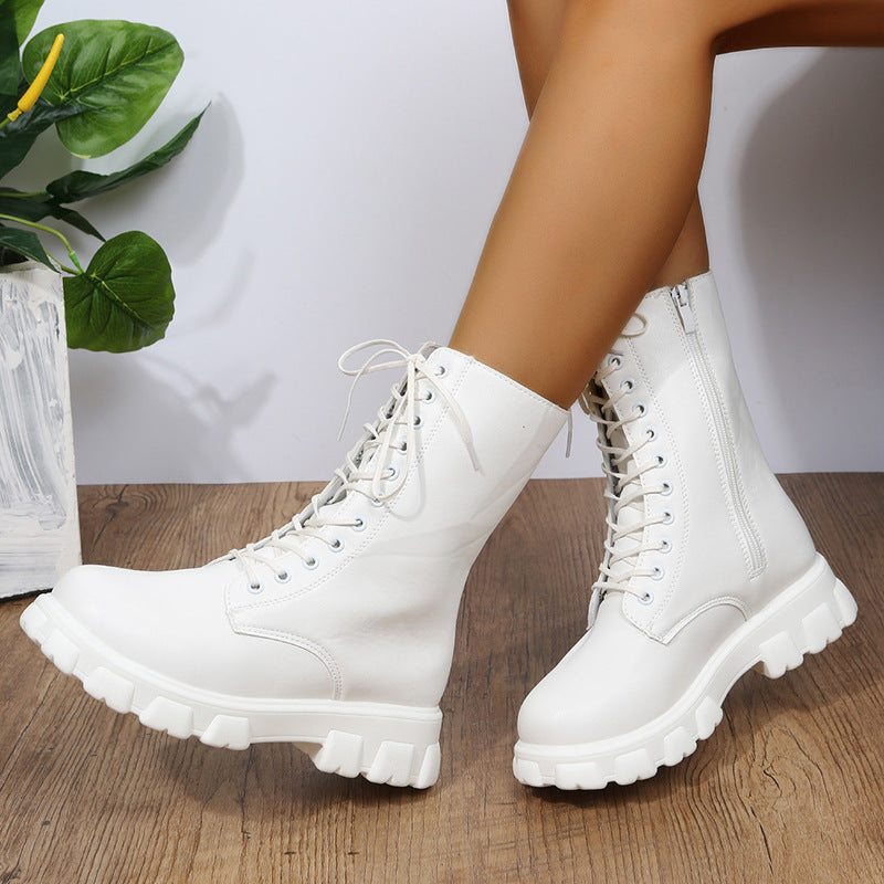 Damen Schnürboots Robustes Plateau Seitlicher Reißverschluss