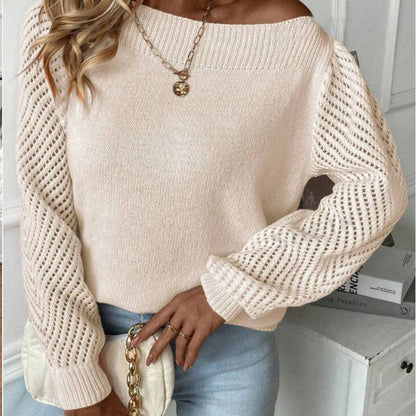 Damen Strickpullover Rundhalsausschnitt Lochärmel Norvielle