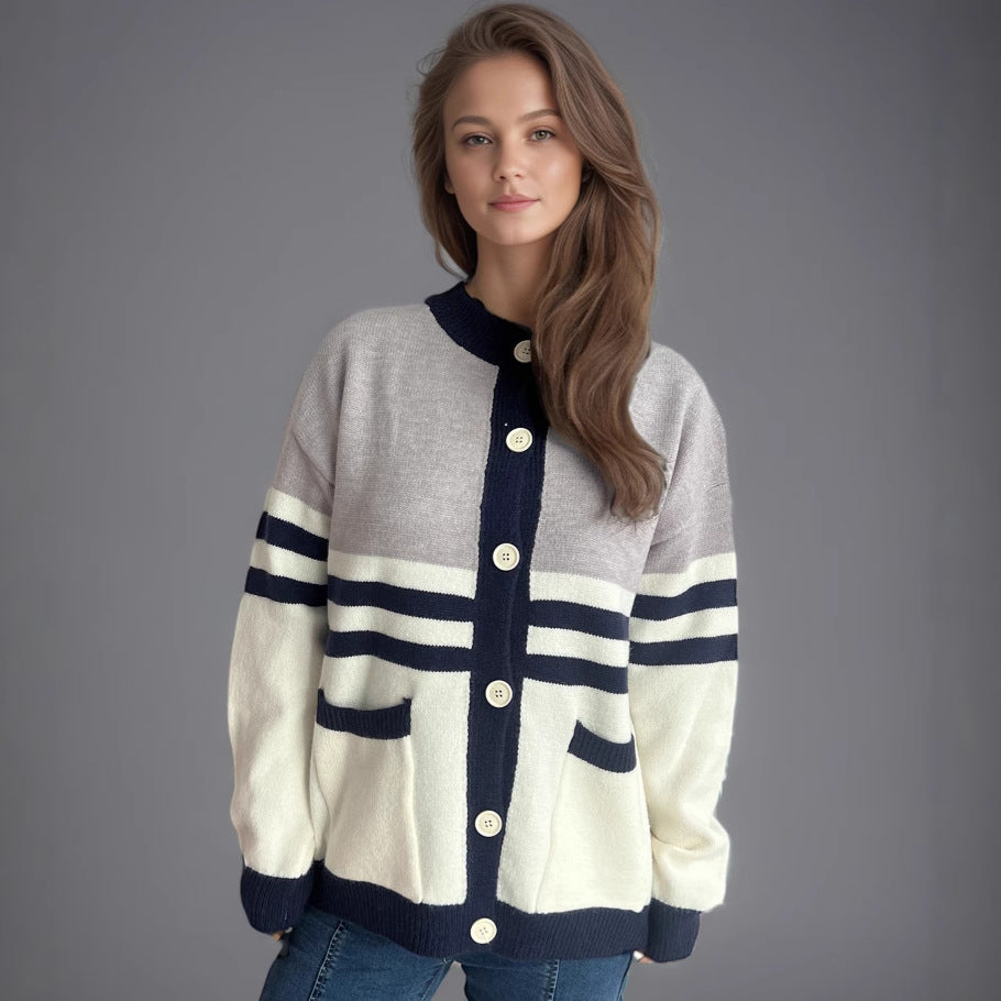 Damen Strickjacke Dekorative Streifen Große Knöpfe Norvielle - Norvielle