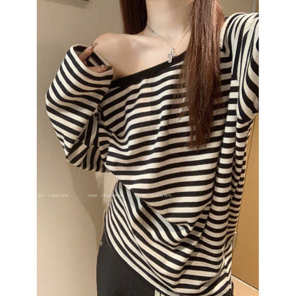 Damen Oversized Off-Shoulder Langarmshirt Streifenmuster