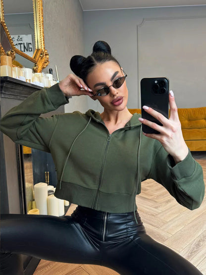 Damen Cropped Hoodie Sportlich Mit Kängurutasche Weite Ärmel Norvielle
