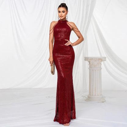Damen Abendkleid Langarm Pailletten Hochkragen