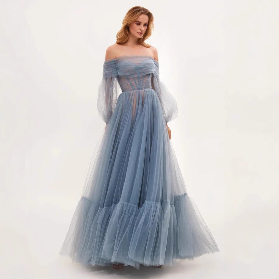 Damen Cocktailkleid Schulterfrei Tüll Voluminöse Ärmel Norvielle