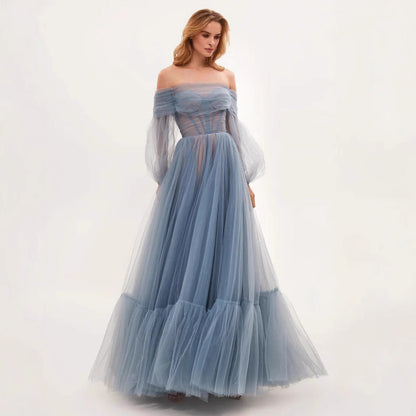 Damen Cocktailkleid Schulterfrei Tüll Voluminöse Ärmel Norvielle
