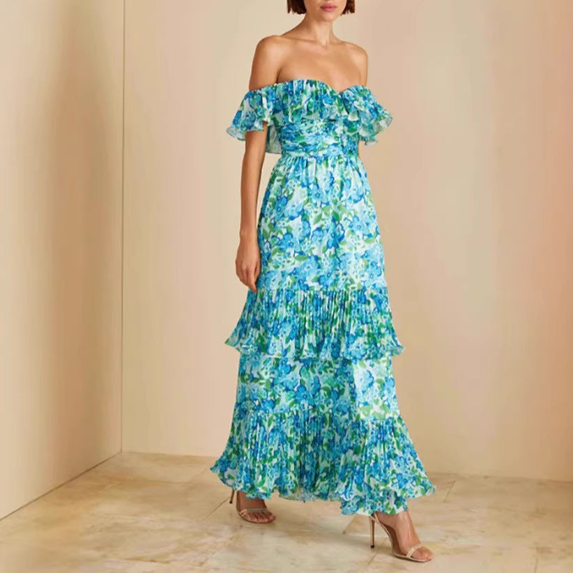 Damen Maxi-Kleid Voluminöse Rüschen Florales Design