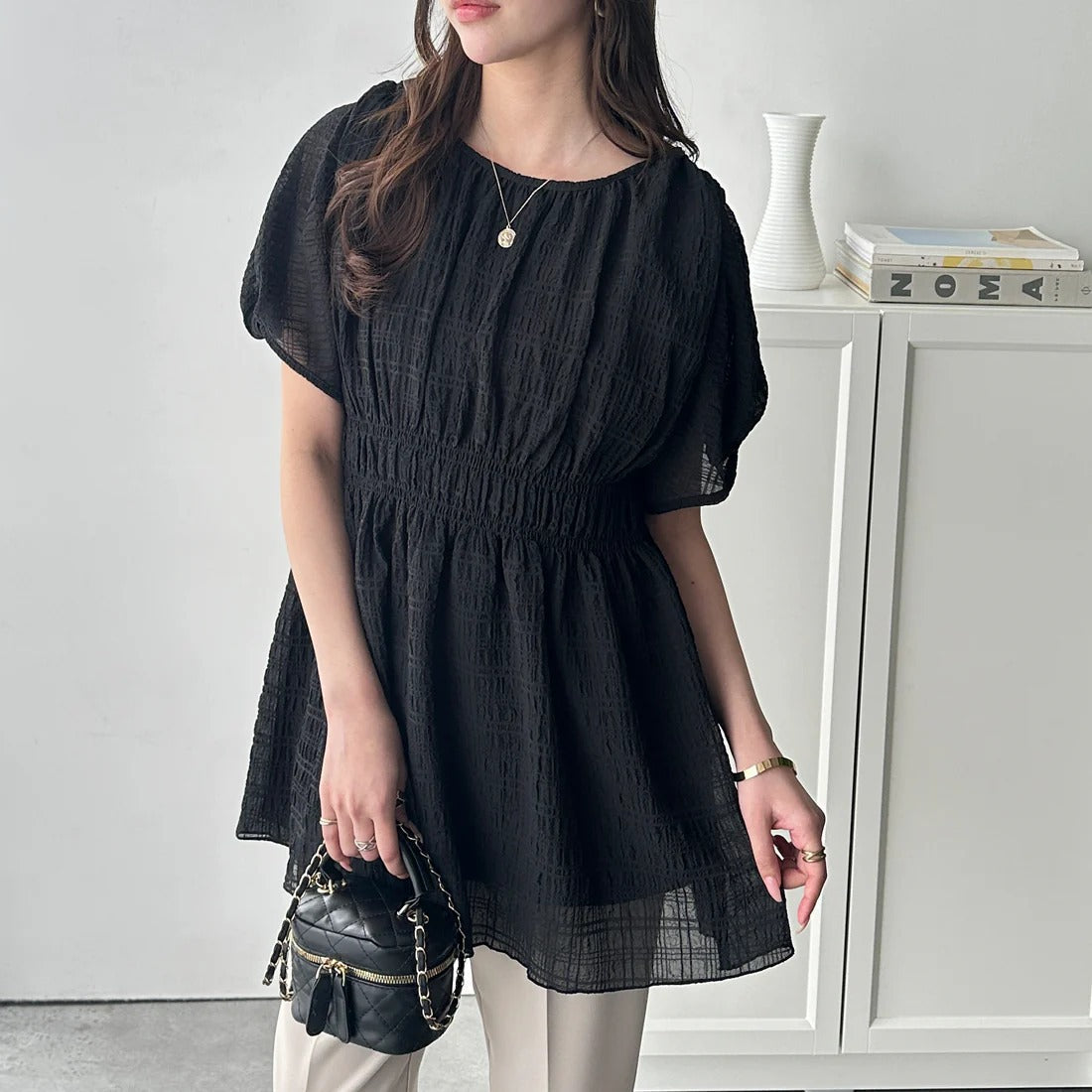 Damen Puffärmelkleid Elastischer Taillenbund Mit Bindeband