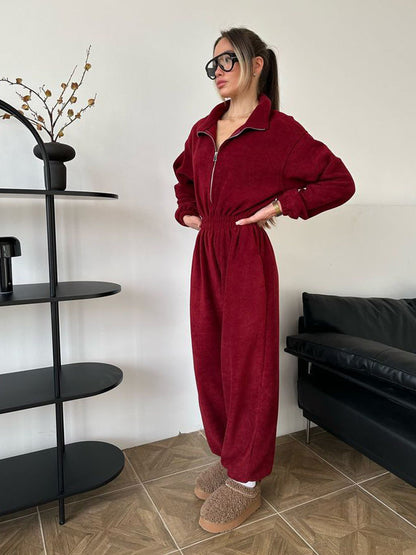 Damen Fleece-Overall Oversized mit Stehkragen Elastisch