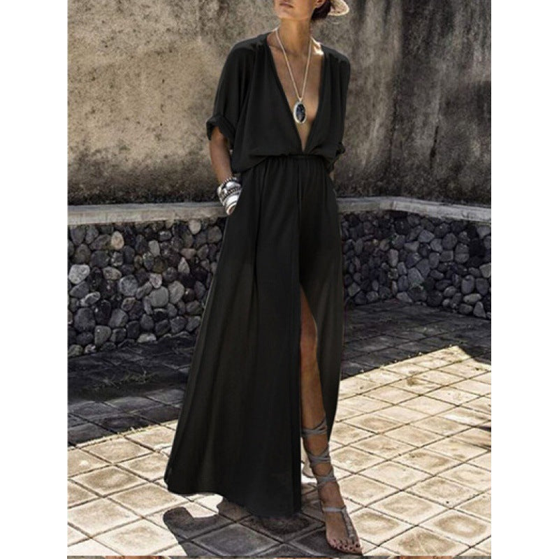 Damen Maxikleid V-Ausschnitt Raffierter Schlitz Norvielle