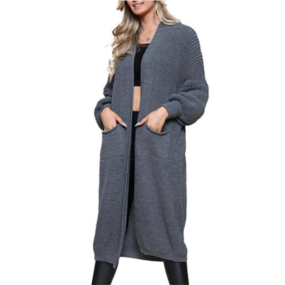 Damen Grobstrick Cardigan Offene Taschen Lässig Beige