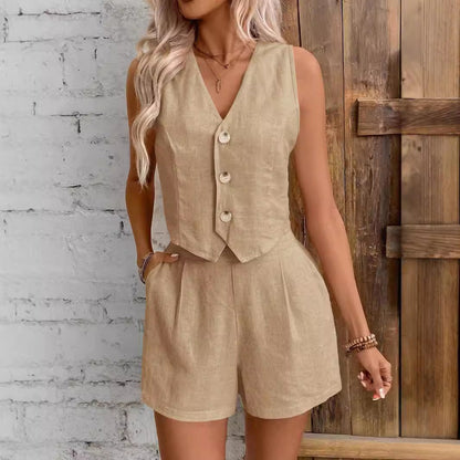 Leinenoptik Damen Zweiteiler Ärmelloses Gilet High-Waist Shorts - Norvielle